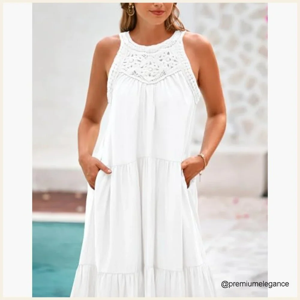 Halter Hollow Out Maxi Dress Sleeveless Boho Sundress Casual Beach Vacation - Picture 6 of 7